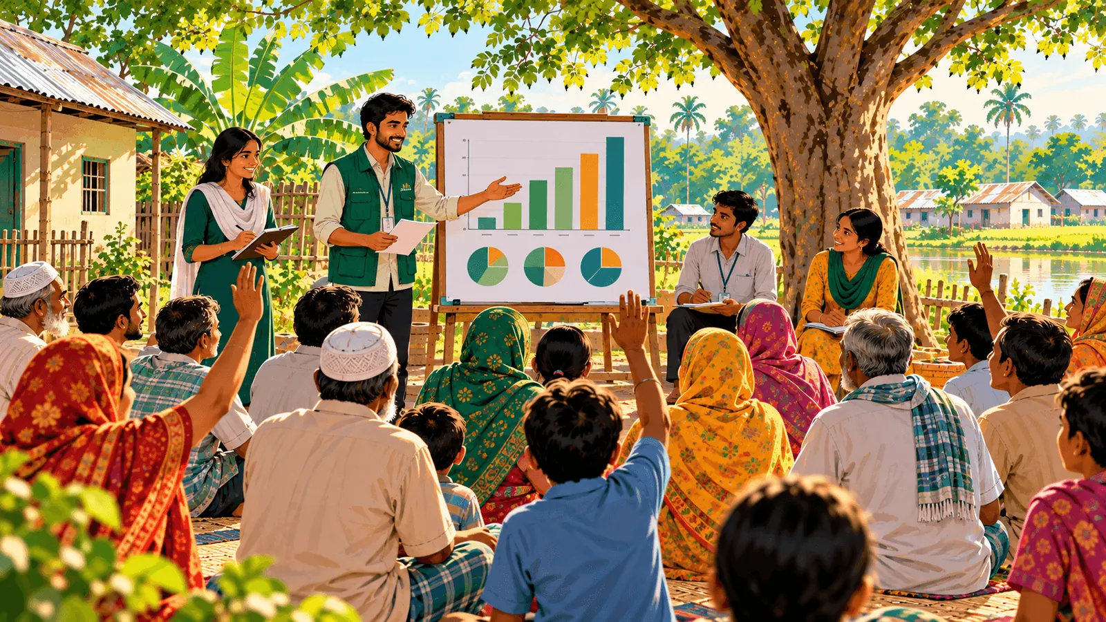 Community meeting reviewing Nabodiganta programme results
