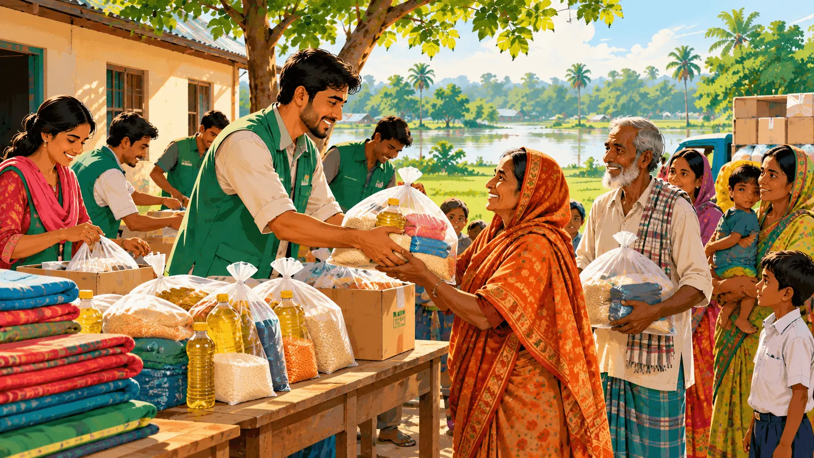 Nabodiganta volunteers handing relief supplies to a woman in a village