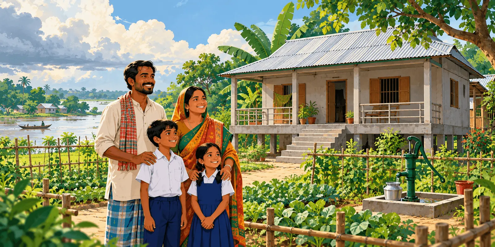 Family standing outside a flood-resilient raised home