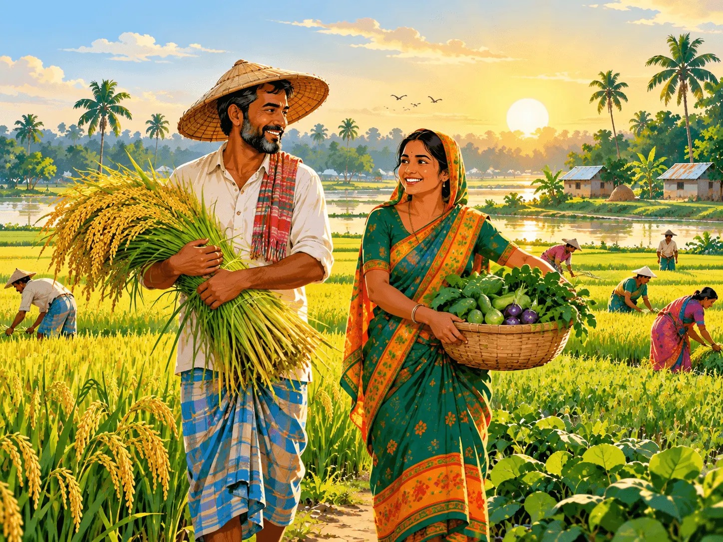 Farmer in a green rice field