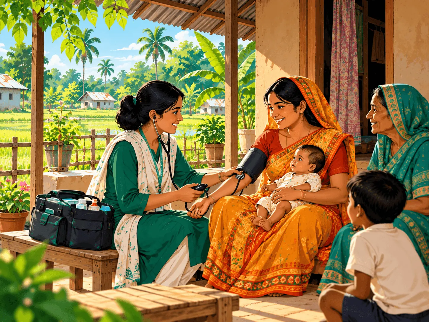 Community health worker visiting a mother and child at home