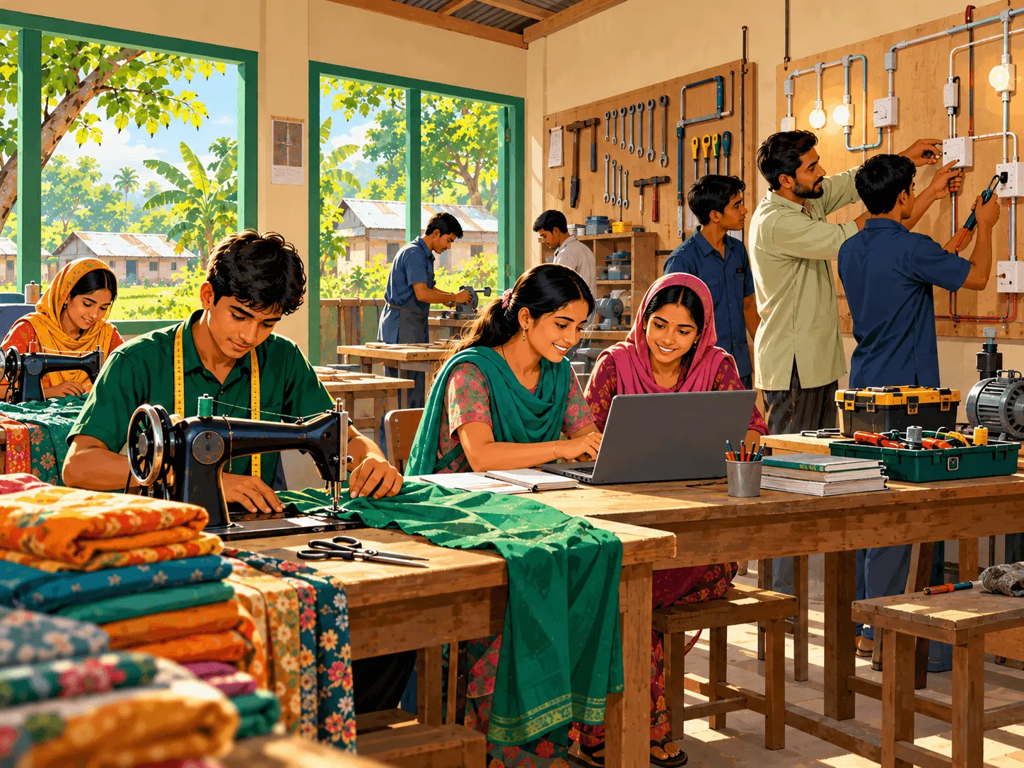 Young apprentices learning a trade in a workshop