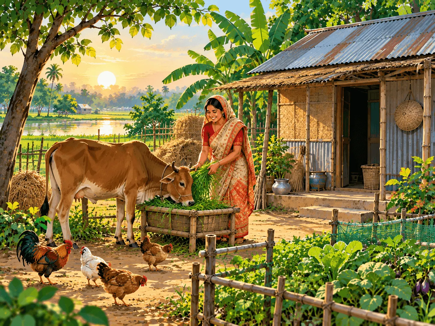 Woman tending a cow received through the Ultra-Poor Graduation programme