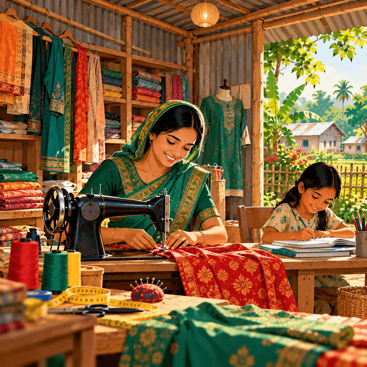 Rahima Begum at her sewing machine in Gaibandha